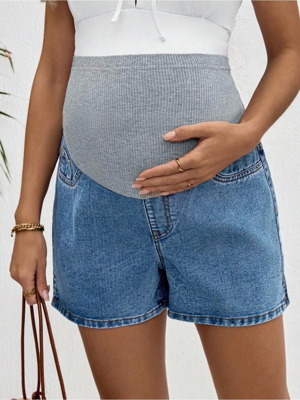 Maternity Denim Shorts with Grey Belly Panel